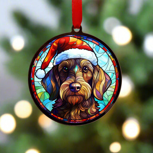 Dachshund Wirehaired in Santa Hat Suncatcher Decoration